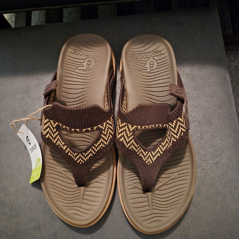 New CoFace Brown & Tan Zigzag Ortho Arch Support Thong Sandals Women Size 7
